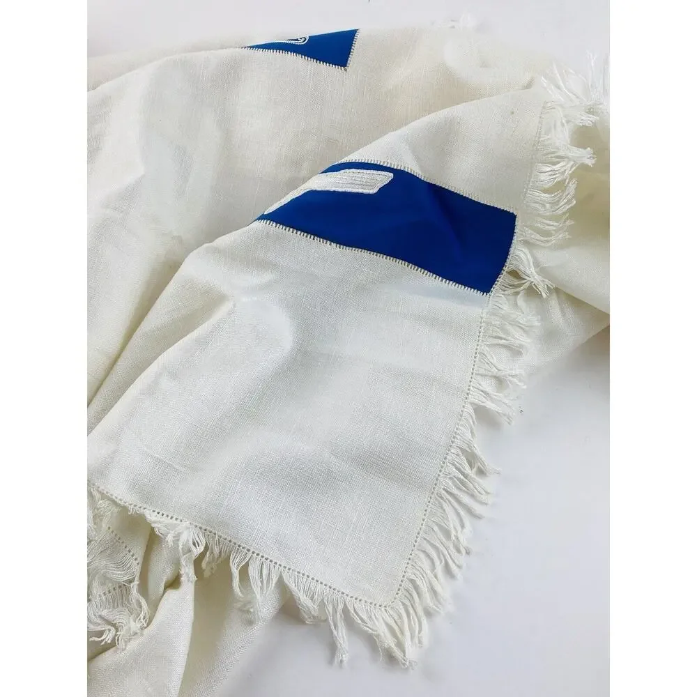 Antique Embroidered Table scarf Linen with fringe Square Blue Flowers Soft Card